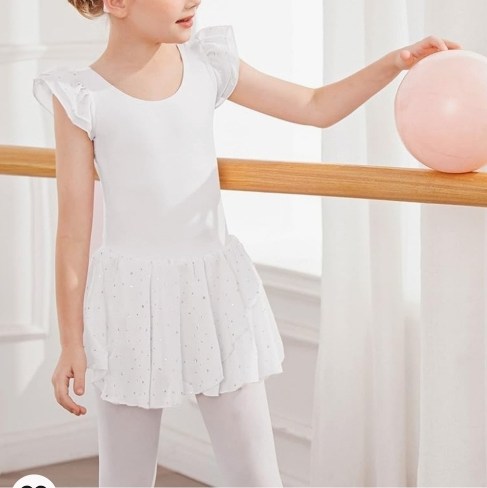 Arshiner Girls Ruffle Sleeve Ballet Dance Dress Tutu Skirted Leotard. White. Siz